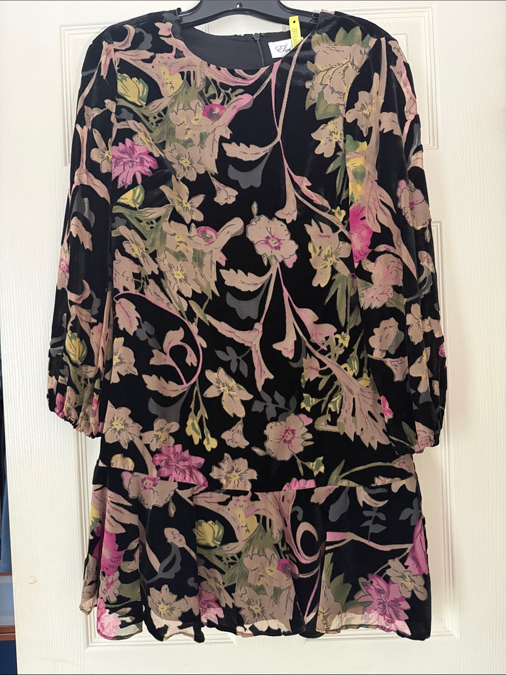 Eliza J Black Floral Long Sleeve Shift Dress with Pink & Green Print
